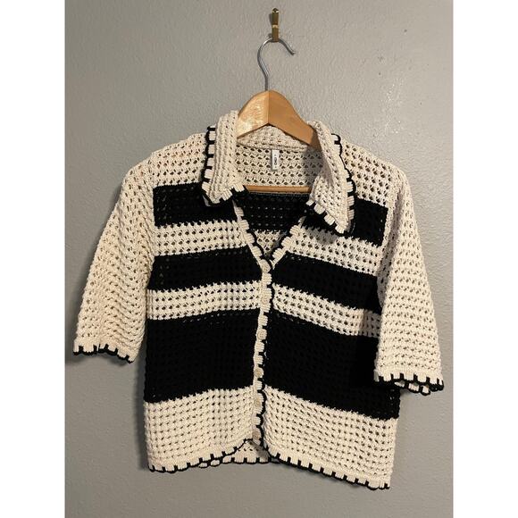 ONLY Cardigan Sweater Womens Small Striped Crochet Button Up Knit Top - Picture 1 of 8